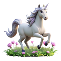 impressive modern A graceful unicorn with a silver horn and flowing mane gallops across a field of wildflowers. Soft, magical lighting. Storybook illustration style high quality png