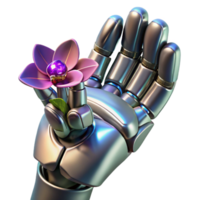 extraordinary modern A sleek, chrome robotic hand delicately holding a bioluminescent orchid, illuminated by soft, diffused studio lighting. Cyberpunk style, photorealistic render premium png
