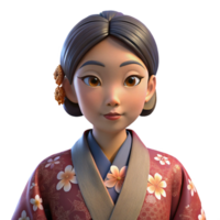 elegant contemporary Portrait of a person wearing traditional Japanese kimono, with elaborate floral patterns and elegant makeup, lit by soft, diffused light, in a classical style high resolution png