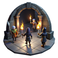 vibrant traditional A group of adventurers exploring a dark dungeon, torches casting flickering shadows on the walls. Dark fantasy style, dramatic lighting high quality png