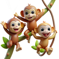 dramatic creative A group of playful monkeys swinging through the trees, their expressions mischievous and curious, rendered in a lively, dynamic style genuine png