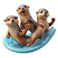 serene rustic A group of playful otters frolicking in the water, their fur sleek and wet, rendered in a lively, dynamic style detailed png
