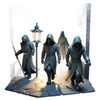 impressive artistic A group of shadowy assassins with glowing daggers stalking through a dark alleyway. Lit by flickering gaslight, depicted in a gritty, noir style 4K png