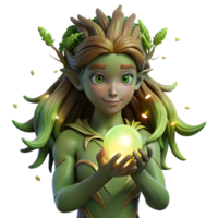extraordinary rustic A serene dryad with bark-like skin and moss-covered hair, cradling a glowing orb, surrounded by ethereal fireflies in a dark forest, art nouveau style authentic png