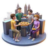 serene vintage A group of friends sharing a pizza on a rooftop overlooking the city, urban lifestyle photography, sunset lighting high resolution png