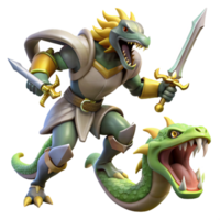 stunning contemporary A fierce knight in shining armor battling a monstrous hydra, swords clashing. Heroic fantasy style, dynamic action authentic png