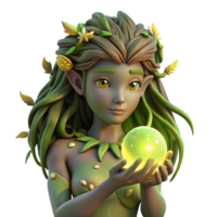 dramatic minimalist A serene dryad with bark-like skin and moss-covered hair, cradling a glowing orb, surrounded by ethereal fireflies in a dark forest, art nouveau style high quality png
