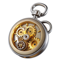 serene artistic A steampunk pocket watch, gold and silver, intricate gears and springs visible, macro photography, sharp focus, dramatic lighting high resolution png