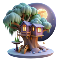 beautiful traditional A whimsical treehouse nestled within the branches of a giant, glowing willow tree, overlooking a moonlit valley. Soft, ethereal moonlight. Dreamlike style detailed png