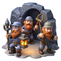 impressive modern A group of adventurous dwarves with axes and lanterns, exploring a dark cavern, lit by the flickering light of their lanterns. Realistic style exclusive png