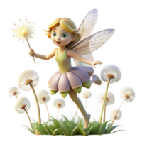 impressive contemporary A whimsical fairy with delicate wings and glowing pollen, flitting through a field of dandelions. Soft, diffused lighting. Dreamlike style professional png