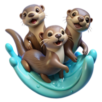 beautiful contemporary A group of playful otters frolicking in the water, their fur sleek and wet, rendered in a lively, dynamic style professional png
