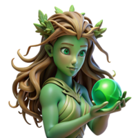 elegant classic A serene dryad with bark-like skin and flowing vine hair, cradling a glowing orb of emerald light. Soft, dappled forest lighting. Pre-Raphaelite style professional png