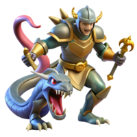 serene artistic A courageous knight in shining armor battles a fearsome hydra. Dynamic, action-packed lighting. Comic book style detailed png