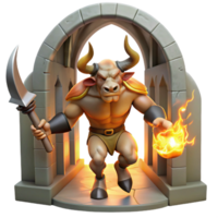 magnificent rustic A powerful minotaur, half-man, half-bull, charging through a labyrinthine corridor, lit by flickering torches. Dynamic pose and gritty textures. Baroque style 4K png