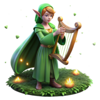 vibrant vintage A graceful elf with pointed ears and flowing green robes, playing a lyre in a moonlit glade, lit by fireflies. Pre-Raphaelite style authentic png