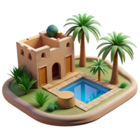 stunning vintage A desert oasis with palm trees, a shimmering pool of water, and a traditional mud-brick building, bright midday sun. Desert landscape, peaceful atmosphere, realistic rendering premium png