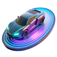 elegant rustic A futuristic sports car hovering above a neon-lit racetrack, leaving a trail of light in its wake. Cyberpunk style premium png