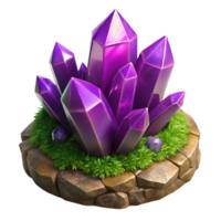 dramatic creative A cluster of vibrant amethyst crystals growing on a mossy rock, dramatic lighting, fantasy art style exclusive png