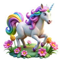 stunning creative A majestic unicorn with a rainbow mane galloping through a field of glowing flowers, in a vibrant, fairytale style exclusive png