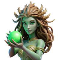 vibrant creative A serene dryad with bark-like skin and flowing vine hair, cradling a glowing orb of emerald light. Soft, dappled forest lighting. Pre-Raphaelite style high resolution png