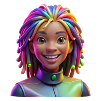 wonderful traditional Portrait of a woman with colorful dreadlocks and a vibrant smile, lit by bright, multicolored lights, in an Afrofuturist style professional png