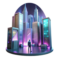 beautiful abstract A lone figure silhouetted against a backdrop of towering skyscrapers and holographic advertisements, in a moody, cinematic style original png