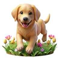 impressive vintage A playful golden retriever puppy tumbling through a field of vibrant wildflowers, sunlight dappling its fur. Impressionistic style with visible brushstrokes high resolution png