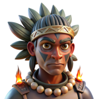 serene minimalist Portrait of a tribal warrior with elaborate face paint and headdress, lit by the flickering light of a campfire, in a stylized, ethnographic art style original png