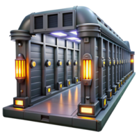elegant minimalist A futuristic prison with rows of cells and flickering lights, oppressive atmosphere, dark, gritty style, realistic rendering authentic png