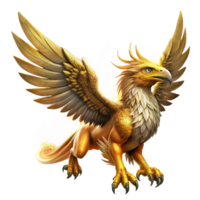 dramatic creative A majestic griffin with golden feathers and piercing amber eyes soaring through a swirling nebula. Epic fantasy style, dramatic lighting authentic png