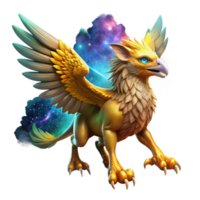 magnificent rustic A majestic griffin with golden feathers and piercing emerald eyes soaring through a nebula of vibrant colors. Dramatic, celestial lighting. Digital painting style authentic png