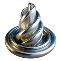 wonderful creative A swirling, gravity-defying skyscraper made of polished chrome, reflecting the city lights below, cyberpunk style high quality png
