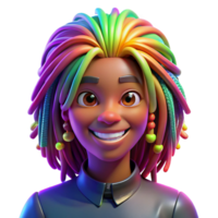 vibrant rustic Portrait of a woman with colorful dreadlocks and a vibrant smile, lit by bright, multicolored lights, in an Afrofuturist style professional png
