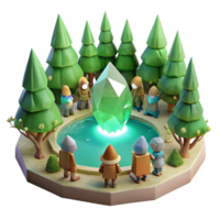 magnificent classic A group of forest creatures gathers around a glowing crystal pond. Soft, moonlight. Fantasy realism style high quality png