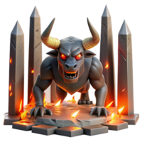 stunning minimalist A fearsome minotaur with glowing red eyes, charging through a labyrinth of obsidian pillars, lit by flickering torches, in a gritty, realistic style original png