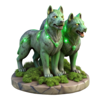 extraordinary minimalist A stoic, marble statue of a three-headed Cerberus, slowly cracking and overgrown with luminous moss, dimly lit by a green glow, in a realistic style genuine png
