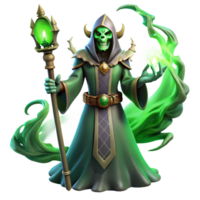 wonderful vintage A powerful lich wielding a staff of dark magic, surrounded by swirling, spectral energy. Illuminated by an eerie green light, depicted in a classic fantasy art style original png