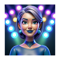 elegant creative Portrait of a woman with vibrant blue makeup and an enigmatic smile, lit by a colorful array of stage lights, in a pop art style 4K png