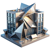 impressive rustic Deconstructivist office building, fragmented shapes, sharp angles, metallic surfaces, dramatic lighting, abstract style authentic png