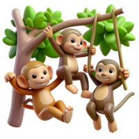 serene rustic A group of playful monkeys swinging through the trees, jungle lighting, dynamic photography style genuine png