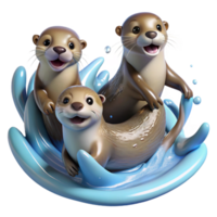 wonderful vintage A group of playful otters frolicking in the water, their fur sleek and wet, rendered in a lively, dynamic style detailed png