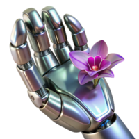 magnificent vintage A sleek, chrome robotic hand delicately holding a bioluminescent orchid, illuminated by soft, diffused studio lighting. Cyberpunk style, photorealistic render detailed png