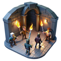stunning classic A group of adventurers exploring a dark dungeon, torches casting flickering shadows on the walls. Dark fantasy style, dramatic lighting exclusive png