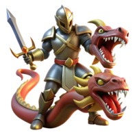 impressive abstract A courageous knight in shining armor, battling a fearsome hydra. Dramatic, dynamic lighting. Heroic fantasy style high resolution png