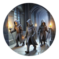 magnificent contemporary A group of shadowy assassins with glowing daggers stalking through a dark alleyway. Lit by flickering gaslight, depicted in a gritty, noir style high resolution png