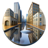 wonderful abstract A reflective puddle in a city street mirroring the surrounding buildings, distorted perspective, rainy day, abstract expressionism high resolution png