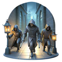 extraordinary abstract A group of shadowy assassins with glowing daggers stalking through a dark alleyway. Lit by flickering gaslight, depicted in a gritty, noir style high quality png