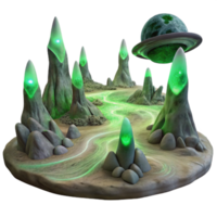 elegant traditional A desolate alien landscape with strange, rock formations and swirling dust devils, illuminated by the harsh, green light of a nearby nebula. Surreal style detailed png