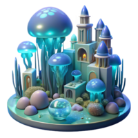 extraordinary rustic An underwater city with bioluminescent coral buildings and glowing jellyfish streetlights, deep ocean lighting, ethereal atmosphere. Surreal, dreamy, fantasy art premium png